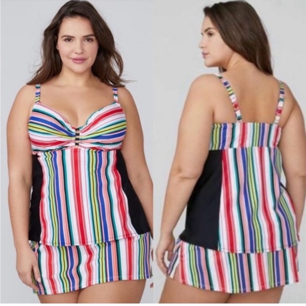 Cacique Striped 2 Piece Underwire Tankini and Swim Skirt (Size 28/46DDD)